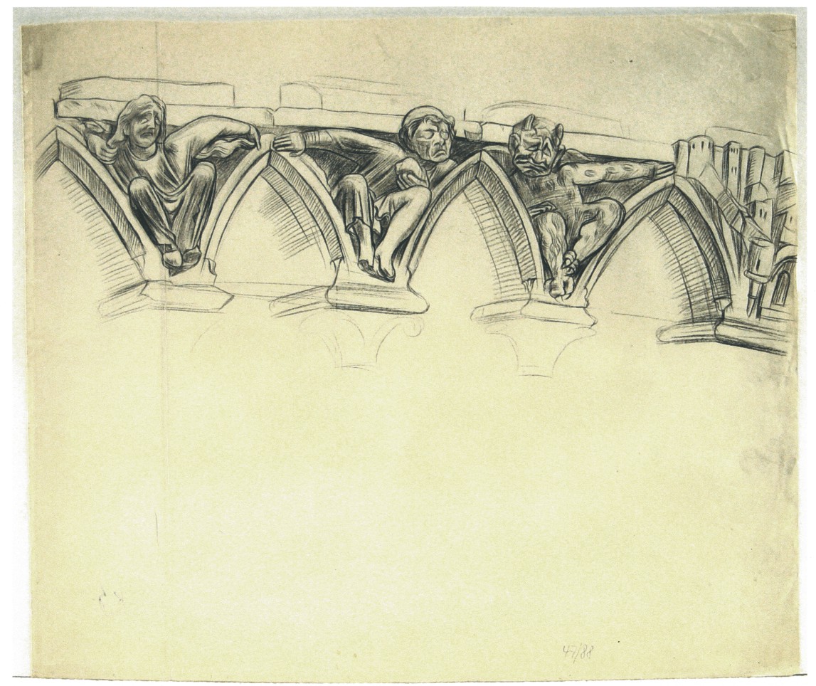 Karl Hubbuch, Portal von Notre Dame (Paris), ca. 1926, Bleistift, 41 x 48,5 cm, Nachlaßstempel